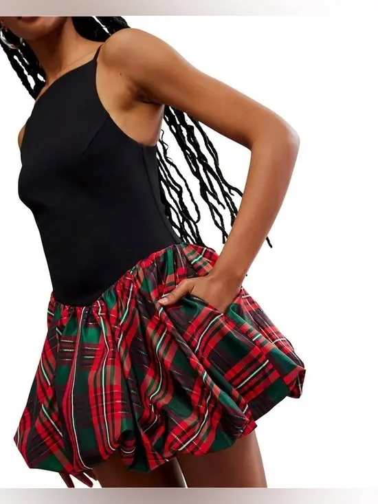 Free People Tinsel Kiss Mini Women's Dress in Black & Red Green Tartan size XS - Picture 2 of 6